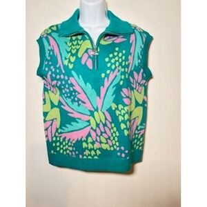MARY SQUARE Sweater Vest Teal Pink Tropical Print Quarter Zip Coastal Preppy NEW